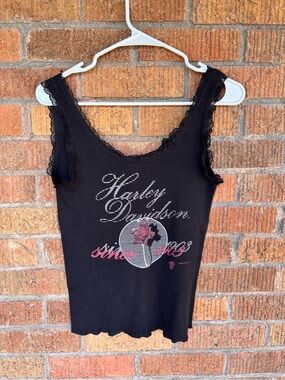 Vtg Harley Davidson Lace Trim Tank Top Womens Black Rose Graphic Sz M 1980s